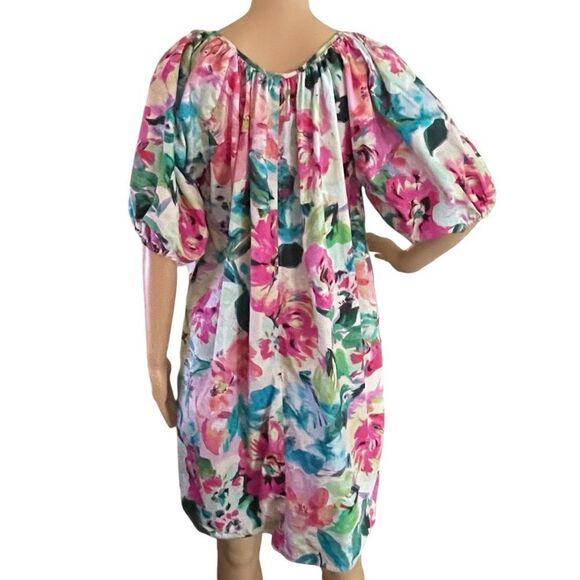 H&M PUFF-SLEEVED TIE-DETAIL FLORAL DRESS White Pink Green Blue Small - Picture 3 of 13